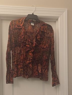 Elementz Burnt Orange and Black Paisley Ruffle-Front Blouse